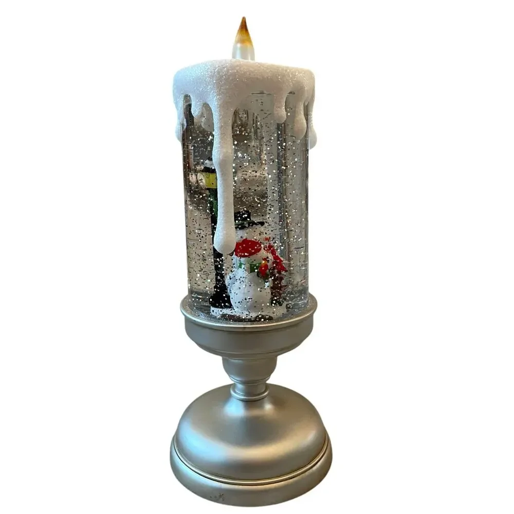 Illuminated Silver Glitter Pedestal Candle 13in Christmas Holiday Snowman New